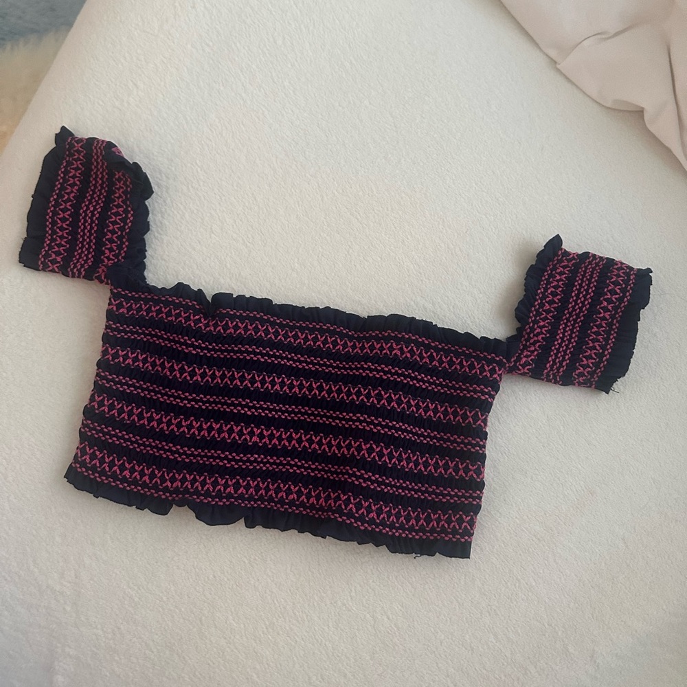 LSPACE navy bikini with pink stripes, ruffles - size XS